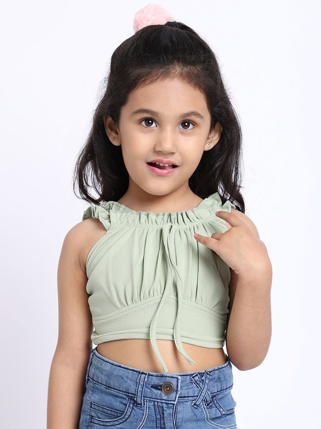 ELEVANTO Girls Green Solid Fitted Crop Top