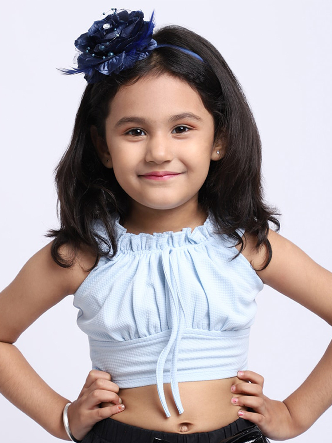 ELEVANTO Blue Halter Neck Ruffles Crop Top