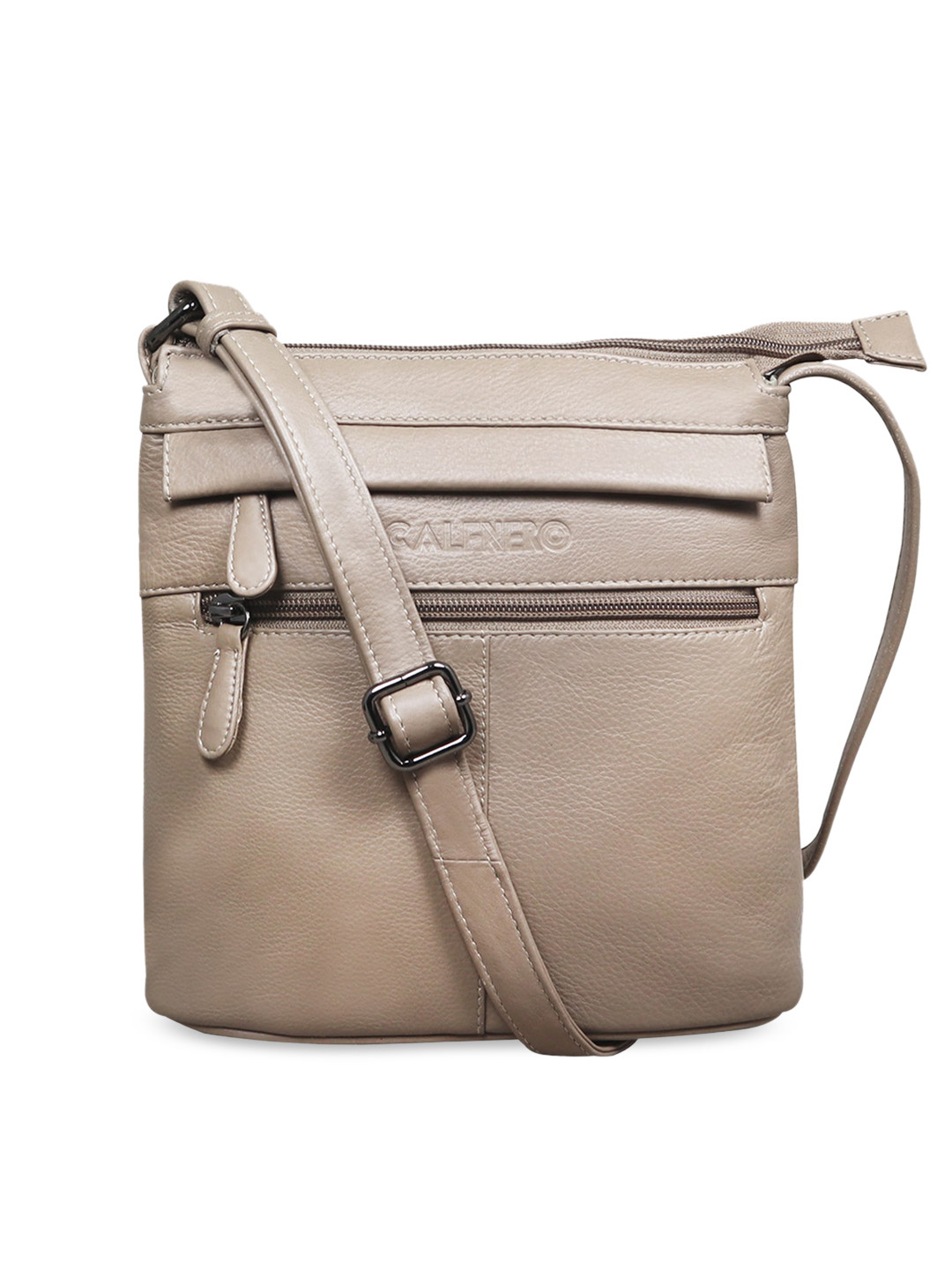 CALFNERO Cream-Coloured Textured Leather Structured Sling Bag