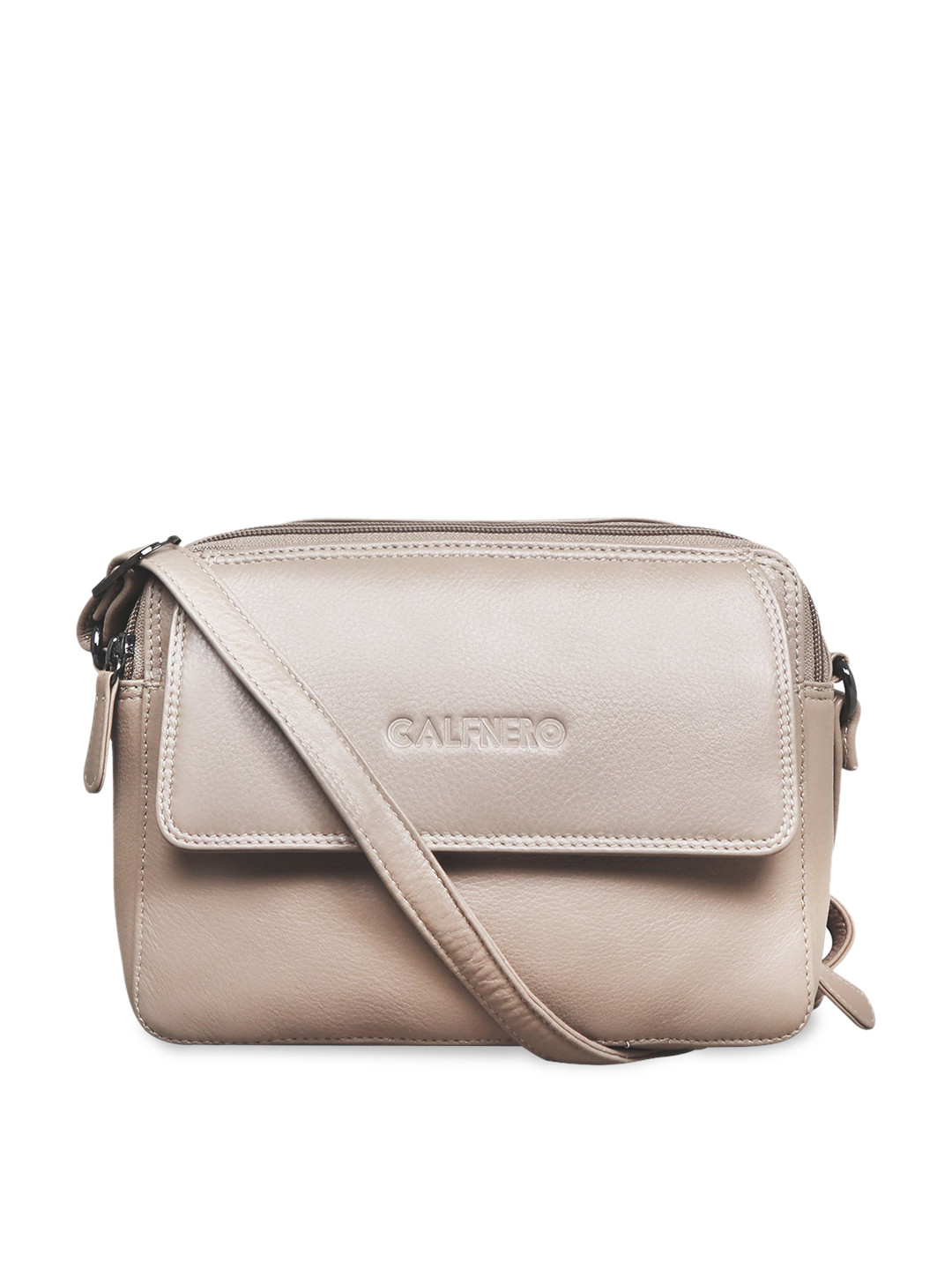 CALFNERO Cream-Coloured Leather Structured Sling Bag