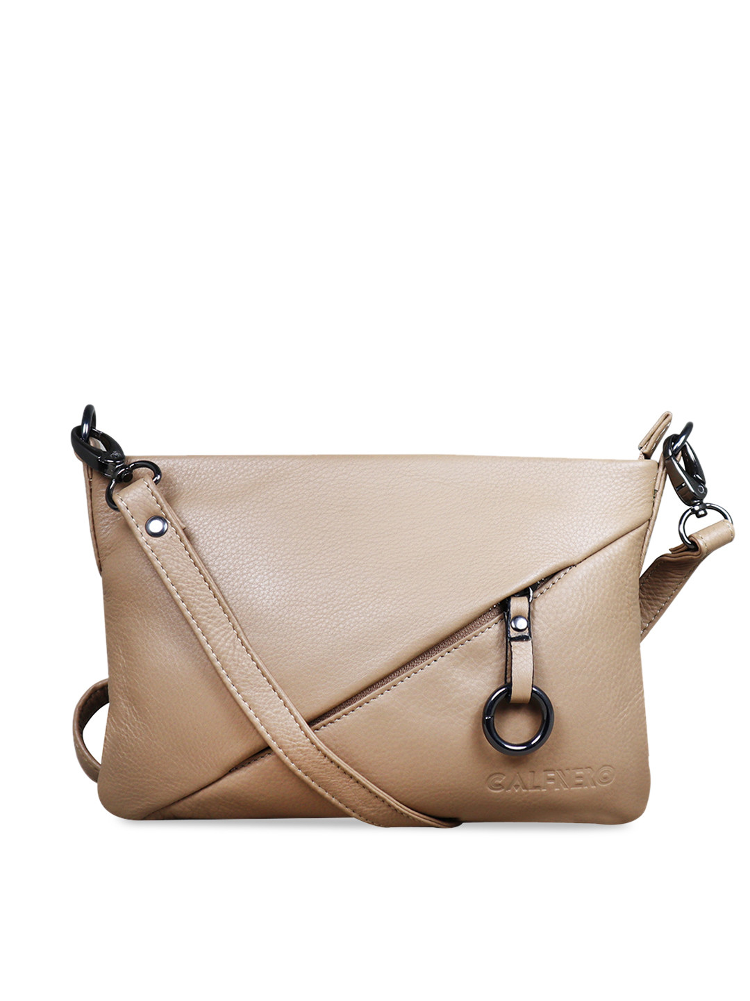 CALFNERO Cream-Coloured Solid Leather Structured Sling Bag