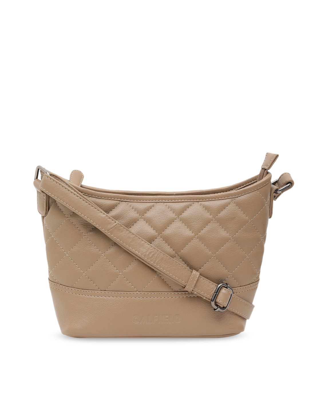 CALFNERO Cream-Coloured Solid Leather Quilted Sling Bag