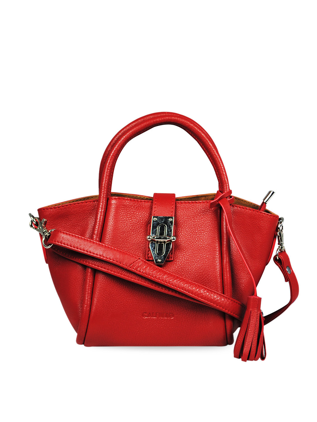 CALFNERO Women Red Leather Swagger Handheld Bag with Tasselled