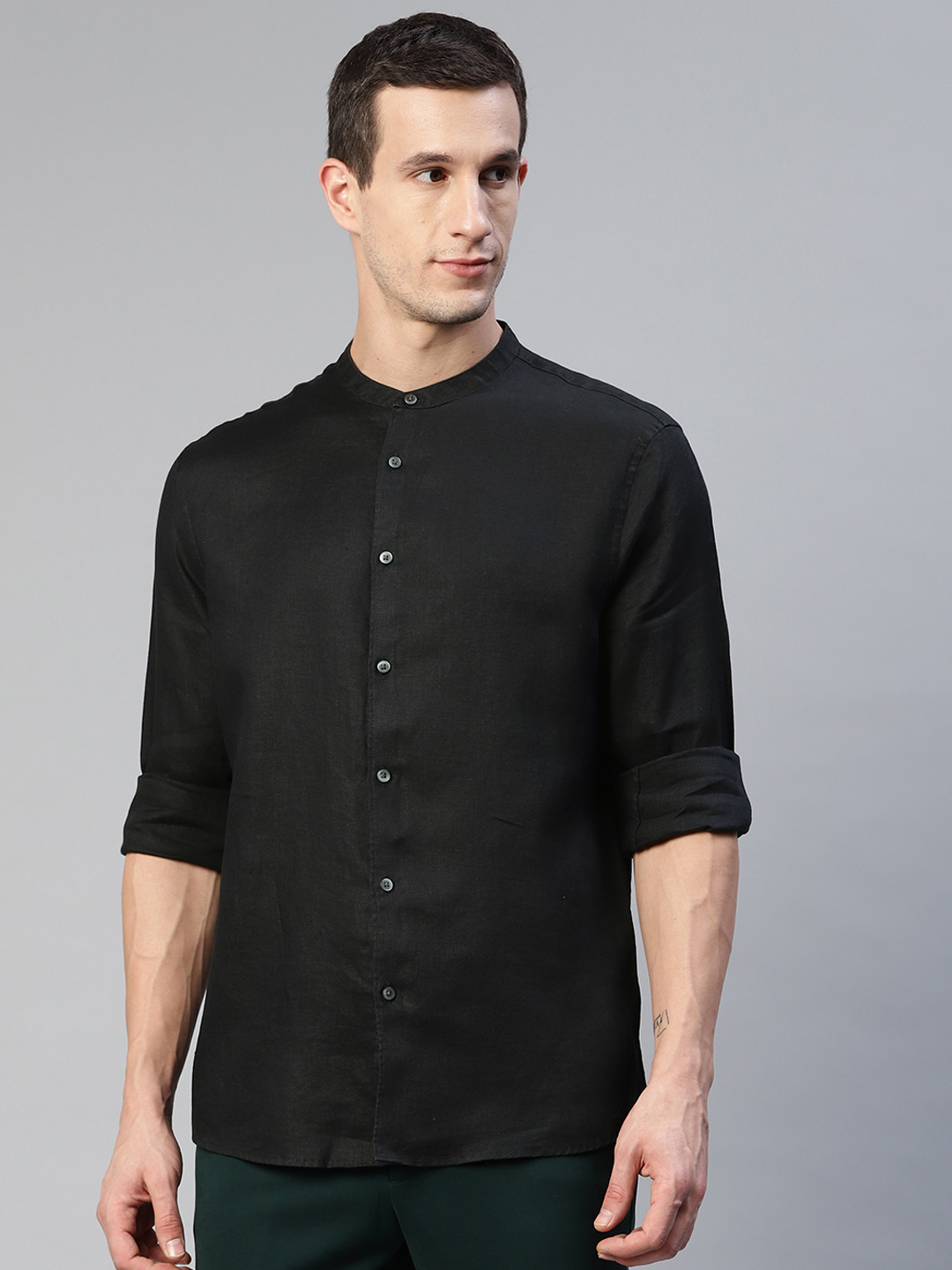 Marks & Spencer Men Black Solid Linen Casual Shirt