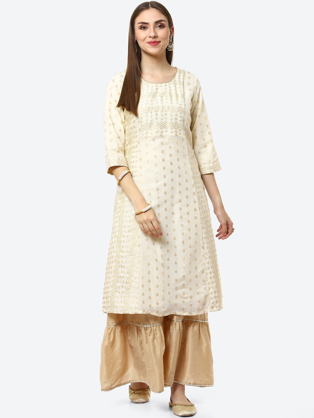 Rangriti Women Off White Ethnic Motifs Printed Brocade Anarkali Kurta