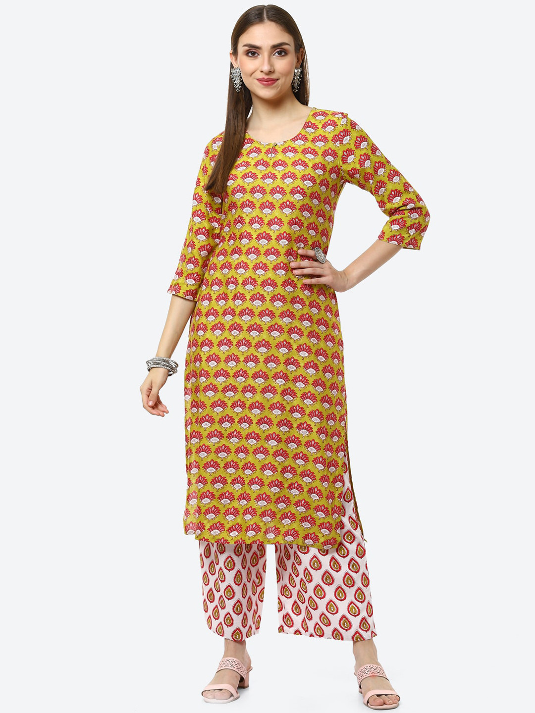 Rangriti Women Lime Green Floral Printed Kurta With Palazzos