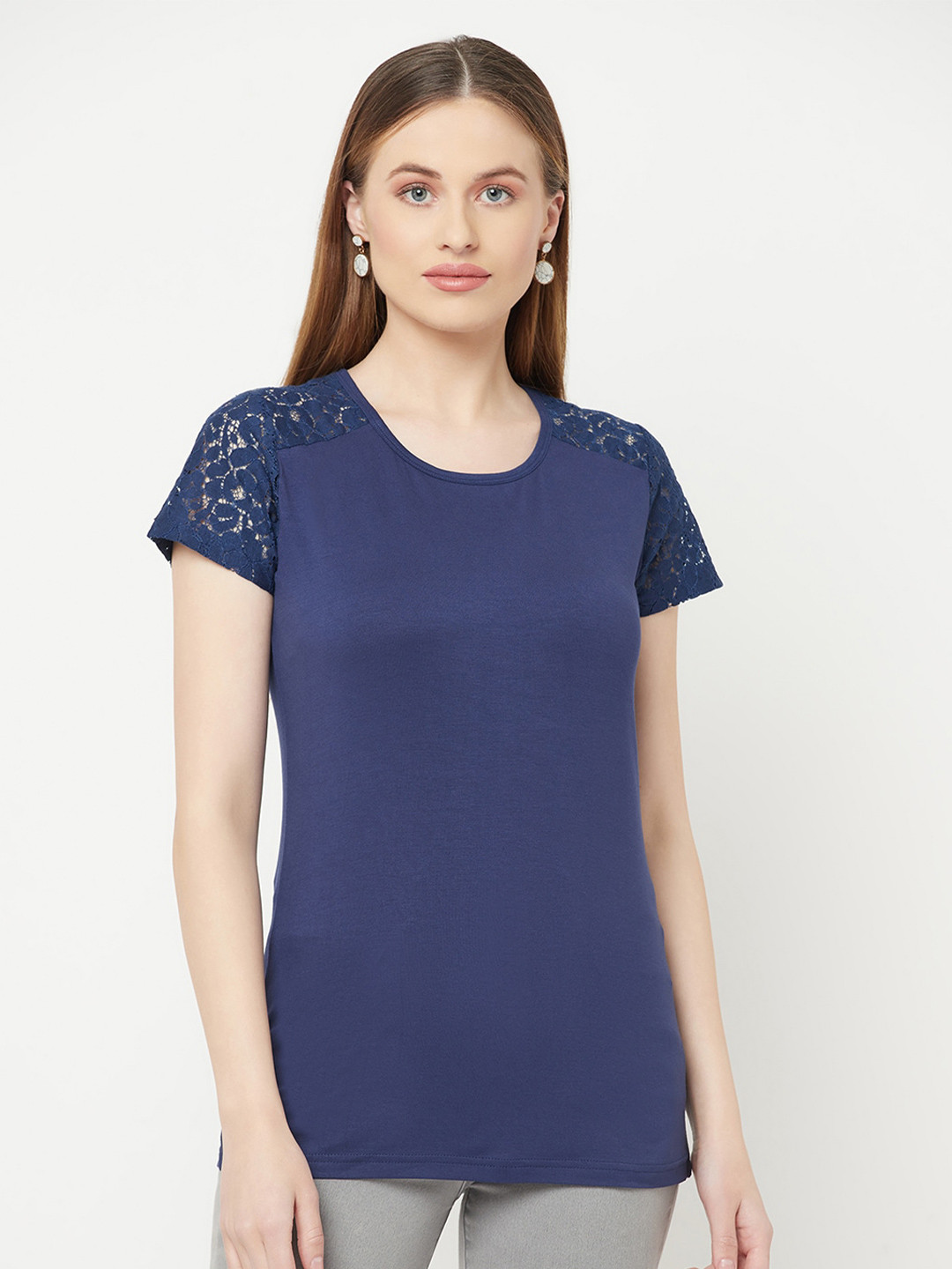 Espresso Women Navy Blue Solid T-shirt