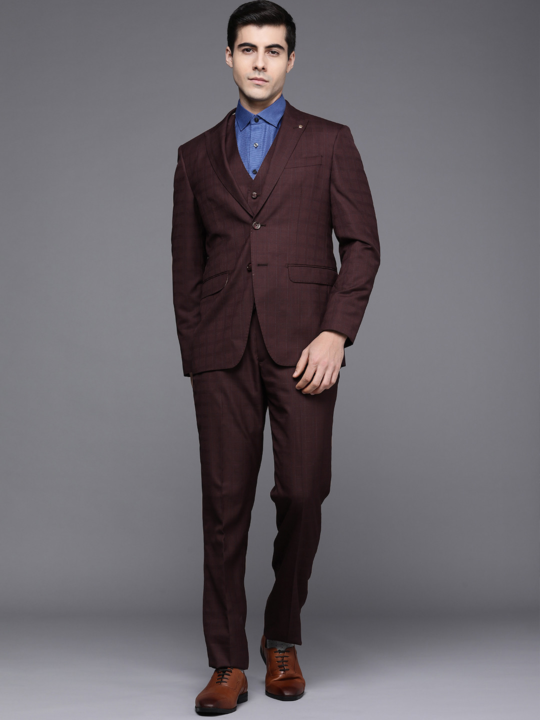 Louis Philippe Men Burgundy Checked Slim-Fit Single-Breasted 3-Piece Formal Suit