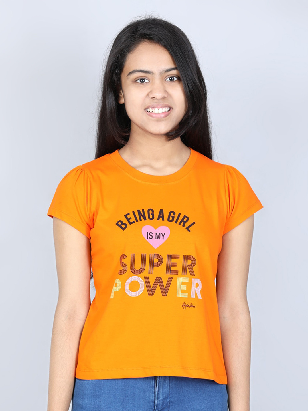 StyleStone Girls Orange Typography Printed T-shirt