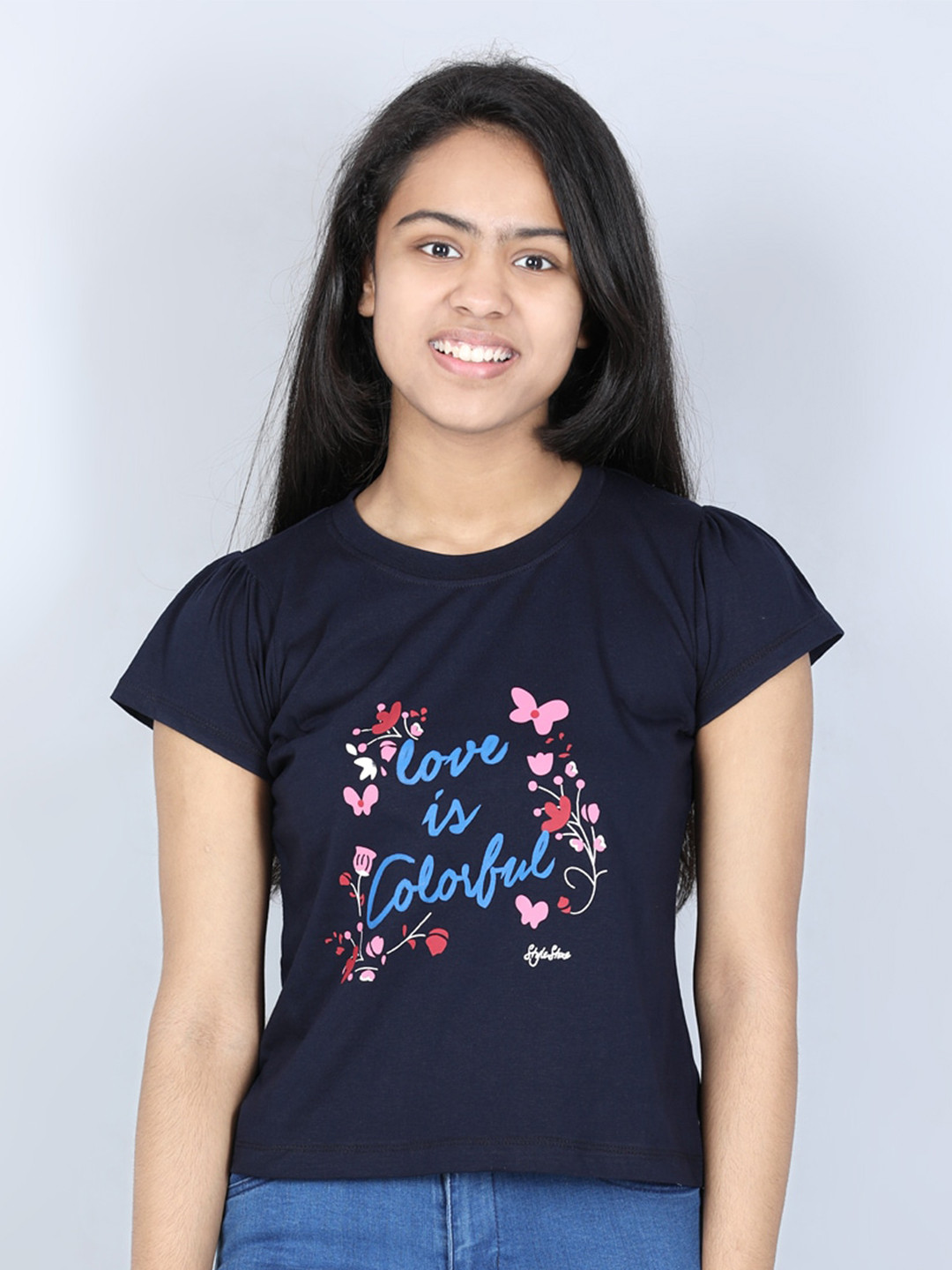 StyleStone Girls Navy Blue Typography Printed T-shirt