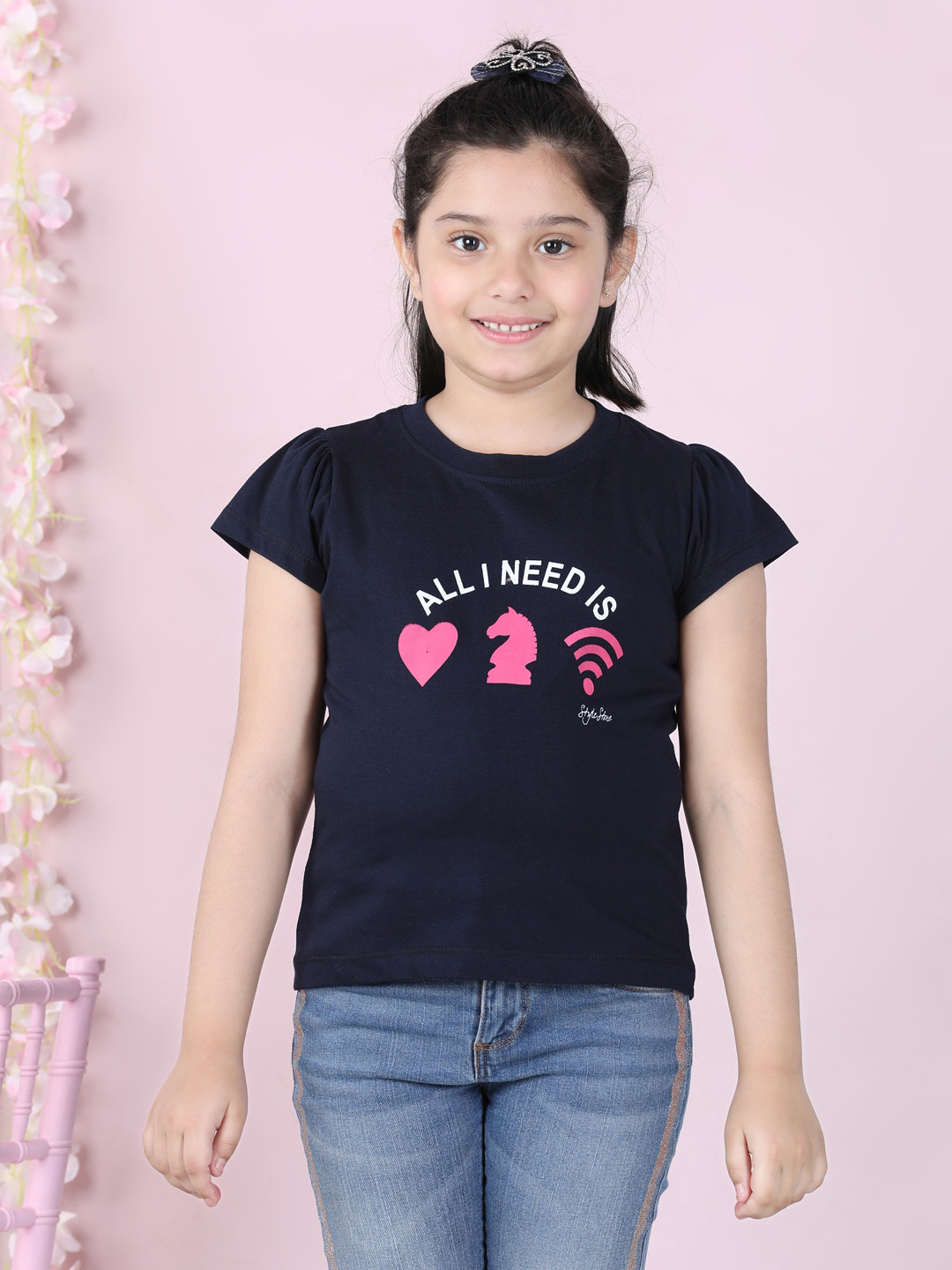 StyleStone Girls Navy Blue Printed T-shirt