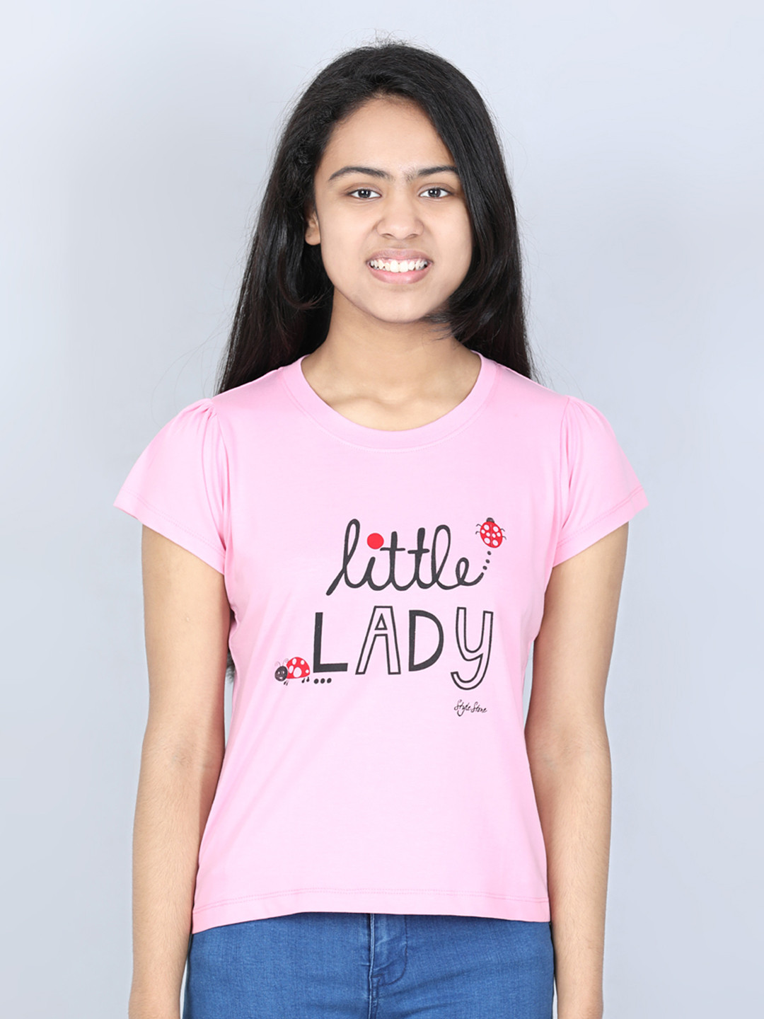 StyleStone Girls Pink Typography Printed Extended Sleeves Applique T-shirt