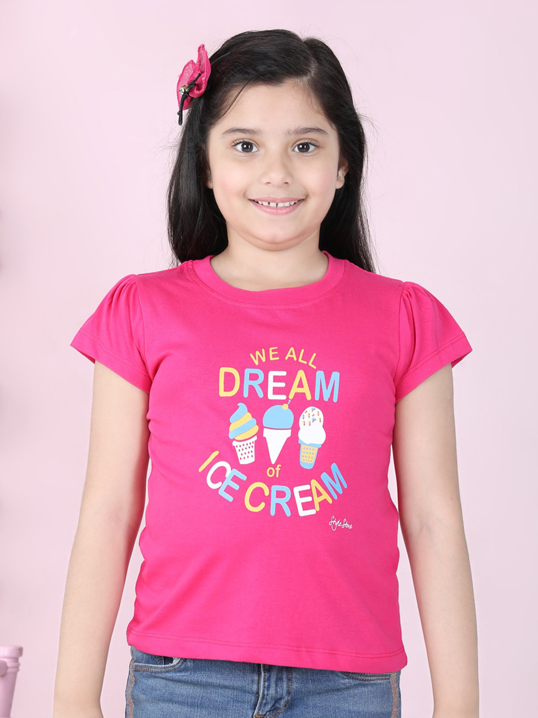 StyleStone Girls Pink Typography Printed T-shirt