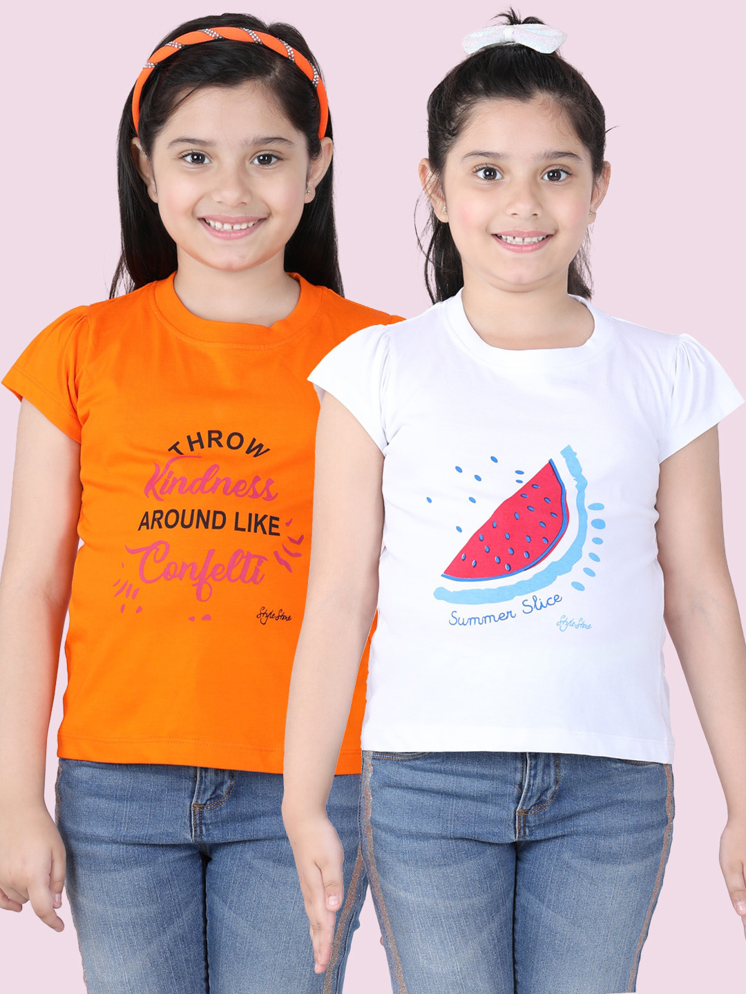 StyleStone Girls Orange & White 2 Printed Extended Sleeves T-shirt
