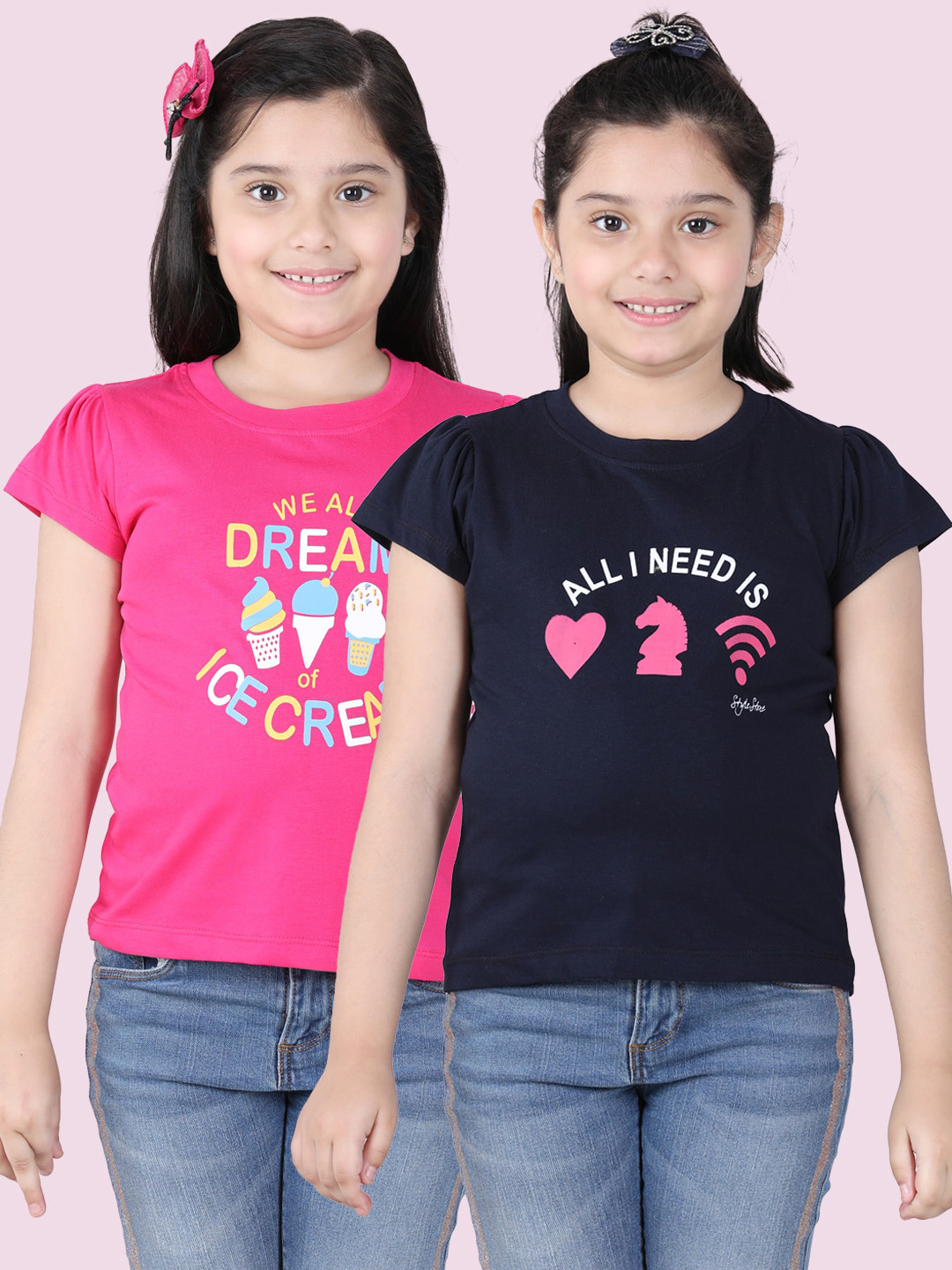 StyleStone Girls Pink & Navy Blue Typography 2 Printed Extended Sleeves T-shirt