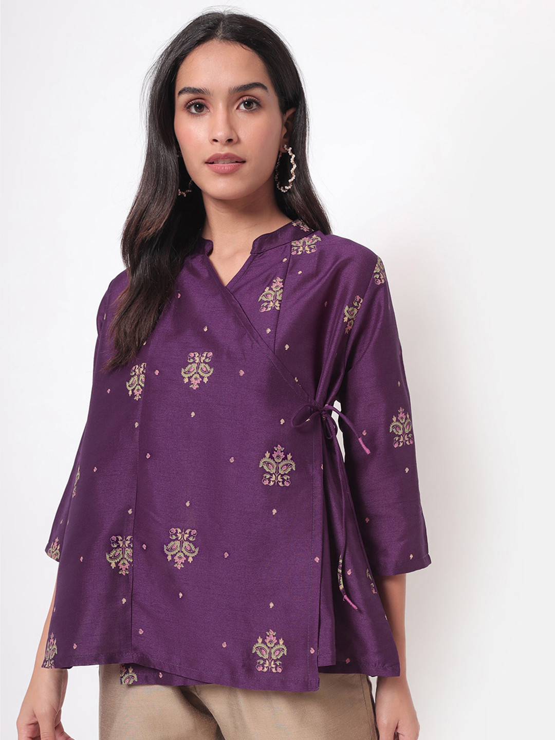 Saaki Women Purple Floral Print Mandarin Collar Pure Silk Crepe Wrap Top
