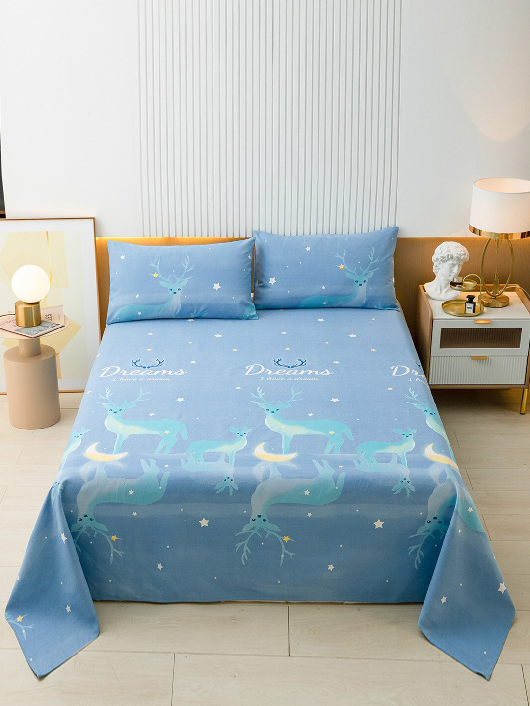 JC HOME Blue Graphic Polycotton 144 TC King Bedsheet with 2 Pillow Covers-98 x 85 inches