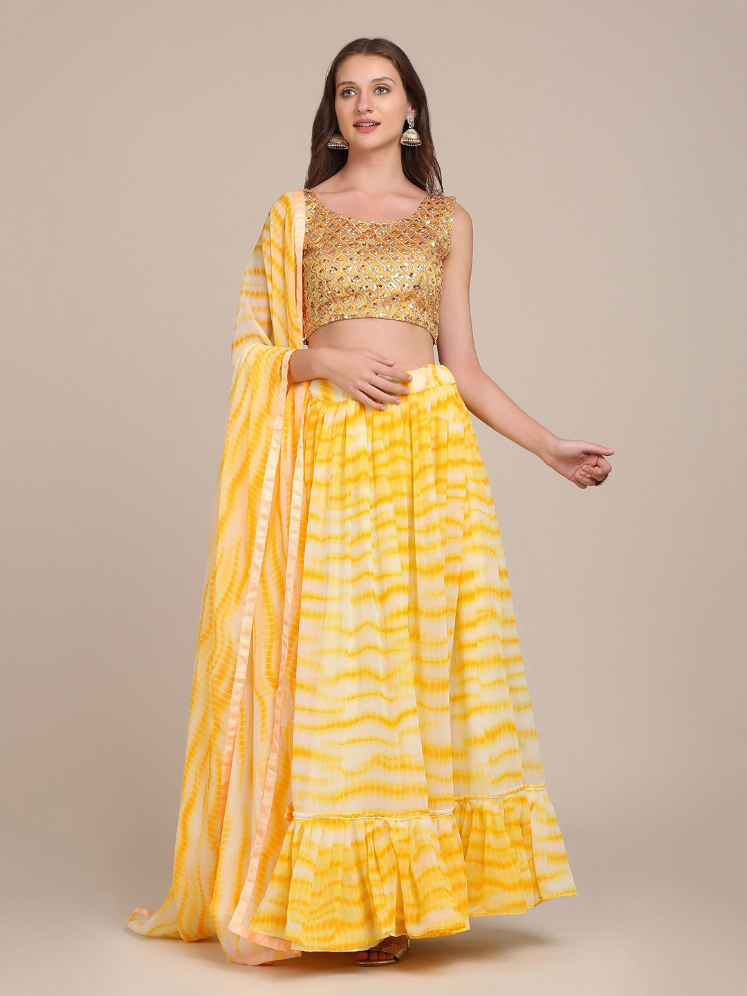 Warthy Ent Yellow & Golden Sequinned Shibori Semi-Stitched Lehenga & Unstitched Blouse With Dupatta