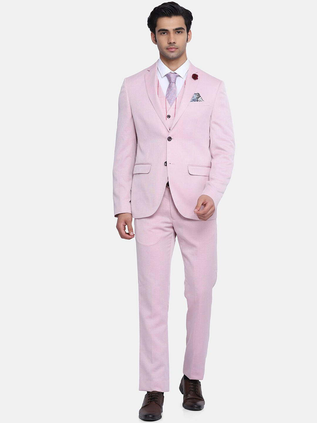 Blackberrys Men Pink Self-Design Slim-Fit Single-Breasted 3-Piece Formal Suit