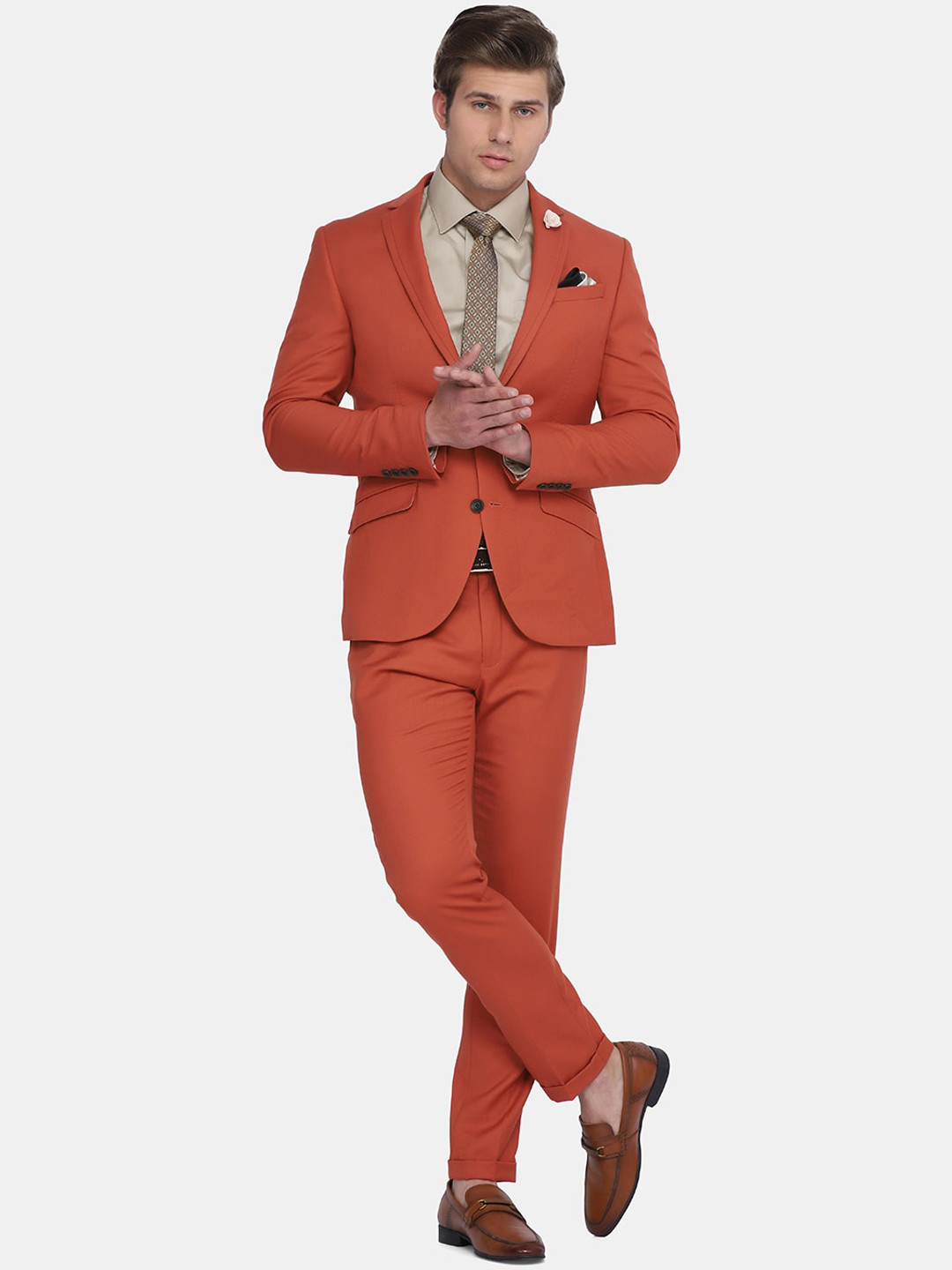 Blackberrys Men Orange Solid Phoenix Skinny Fit Single-Breasted Two-Piece Formal Suit