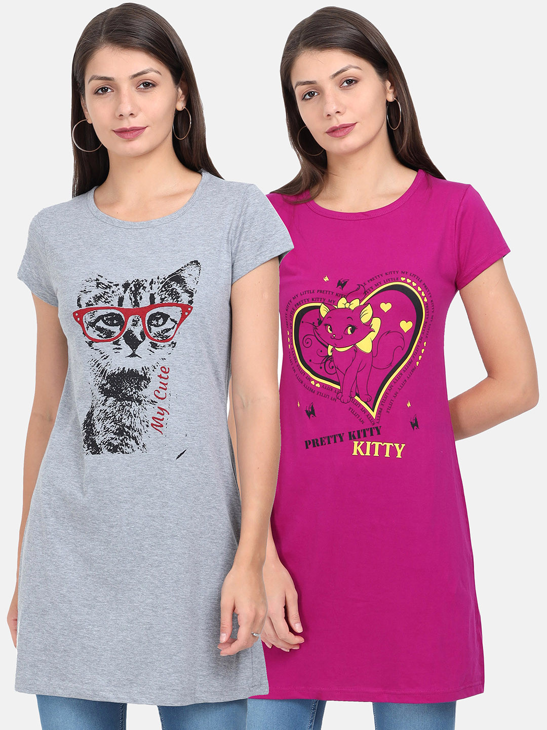 Fleximaa Magenta & Grey Set Of 2 Print Pure Cotton Longline Top