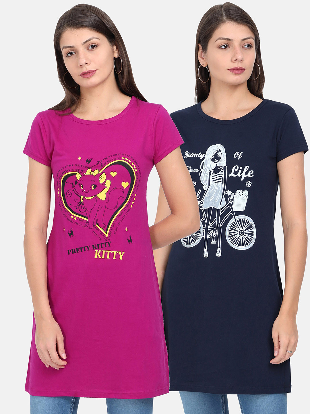 Fleximaa Magenta & Navy Blue Set Of 2 Print Pure Cotton Longline Top