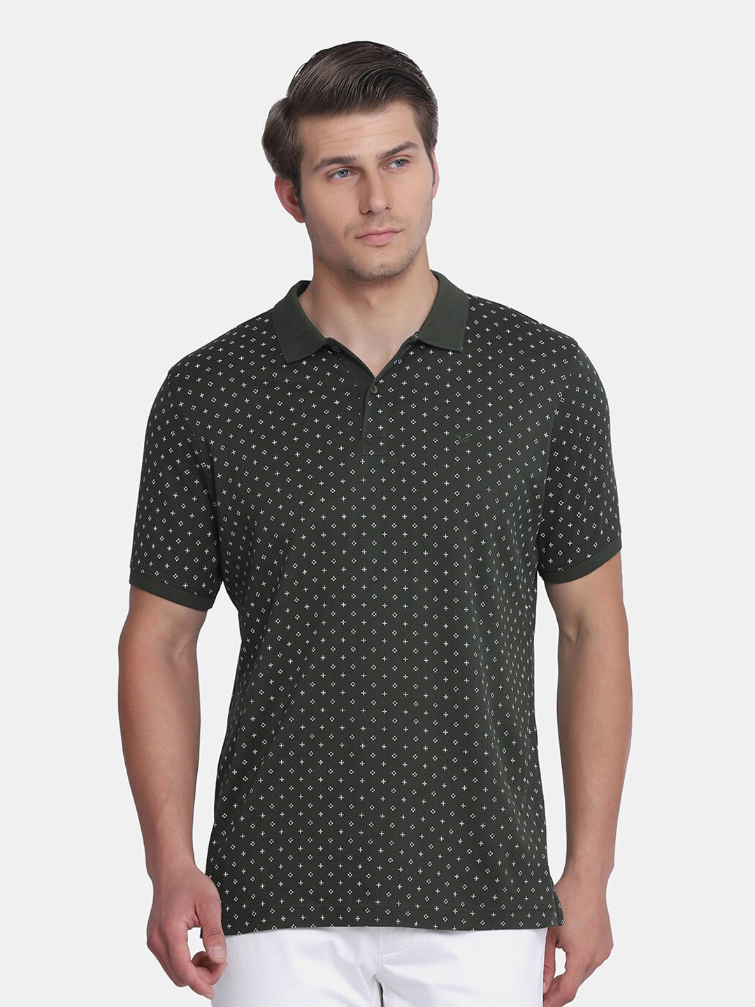 Blackberrys Men Olive Green Printed Polo Collar Slim Fit T-shirt