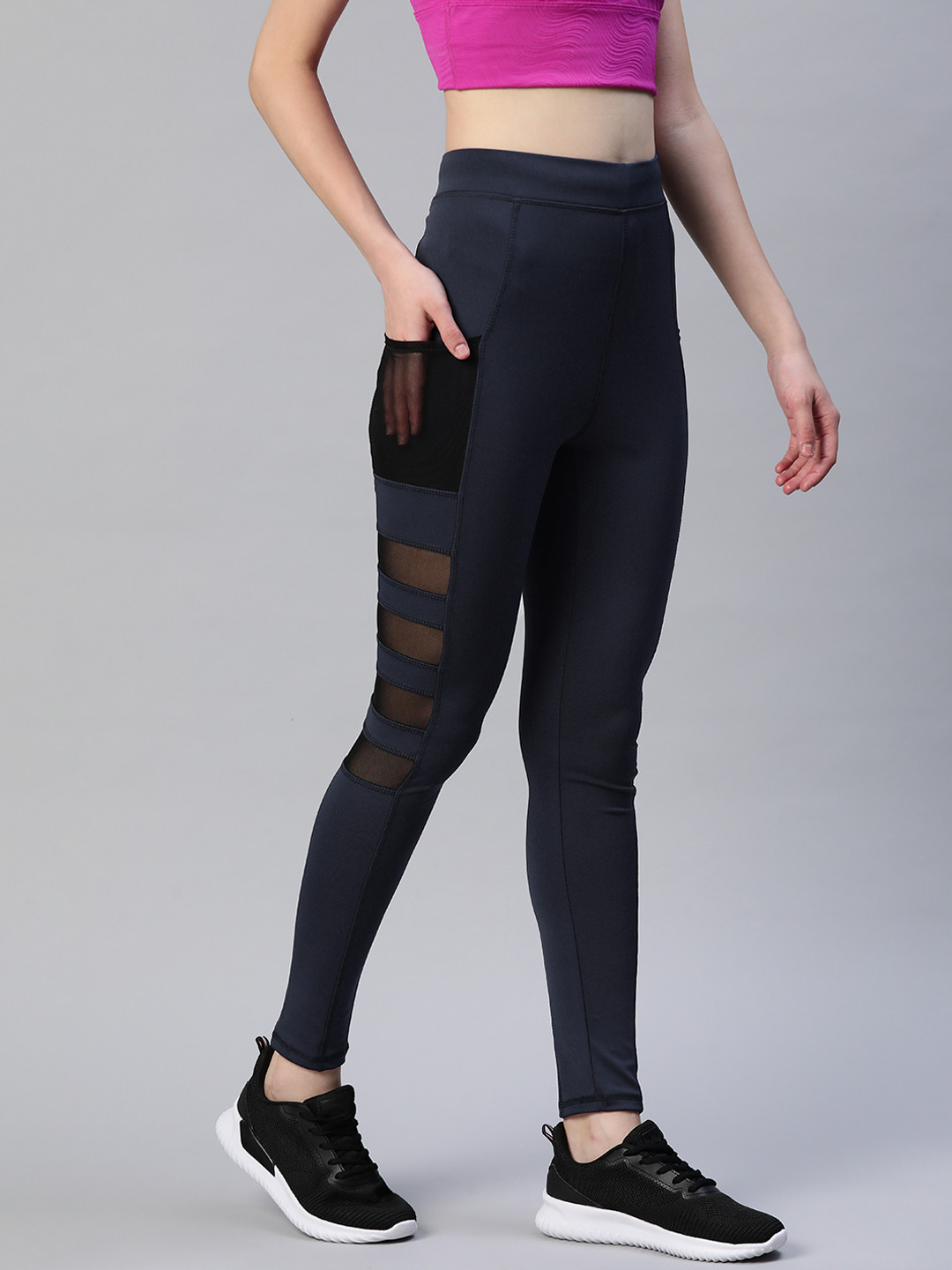 Blinkin Women Navy Blue Solid Tights with Breathable Mesh Panels