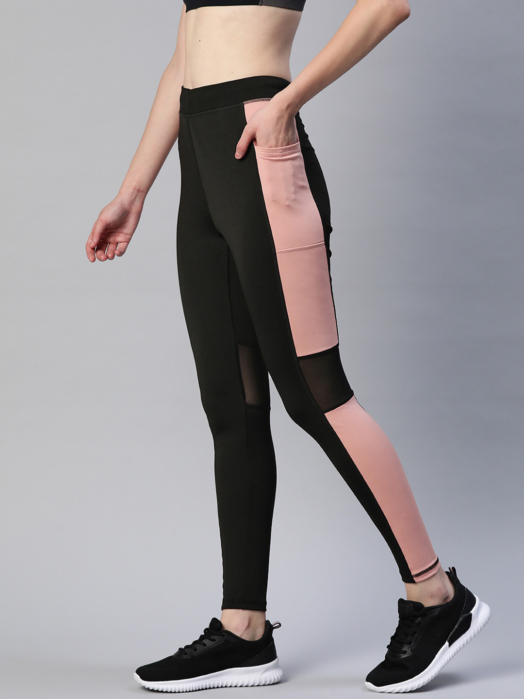 Blinkin Women Black & Pink Solid Tights with Breathable Mesh Panels