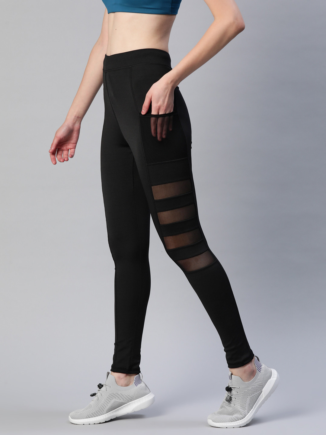 Blinkin Women Black Rapid Dry Tights With Breathable Mesh Panels & Side Pockets