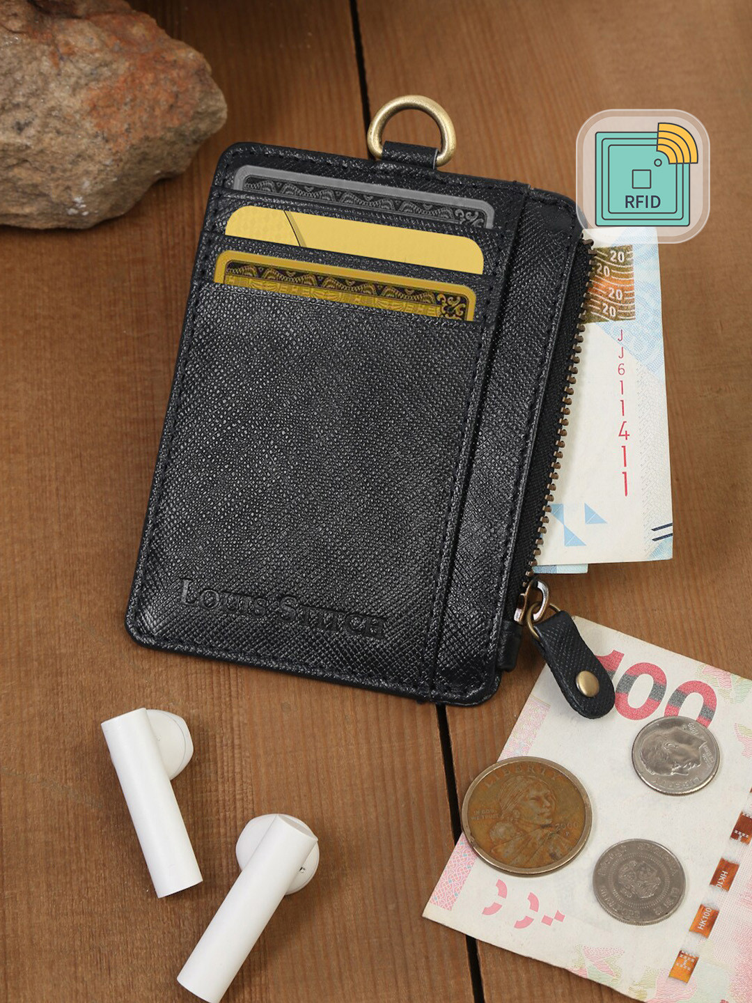 LOUIS STITCH Men Blue Saffiano Leather Slim ID Card Holder Wallet Purse with Zip Pocket