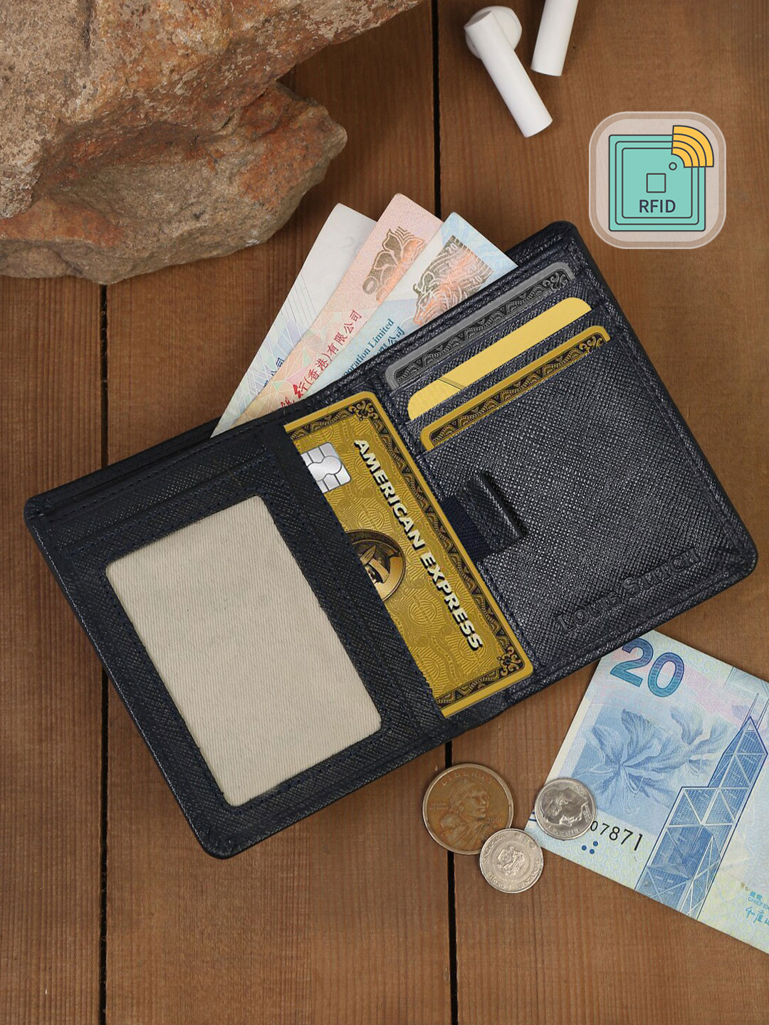 Louis Stitch Mens Blue Bifold Saffiano Leather RFID Protected Wallet Purse