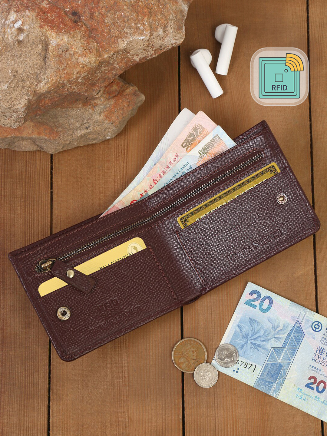 Louis Stitch Maroon Saffiano Leather Bifold Men's Wallet with Zip Pocket and RFID Blocking