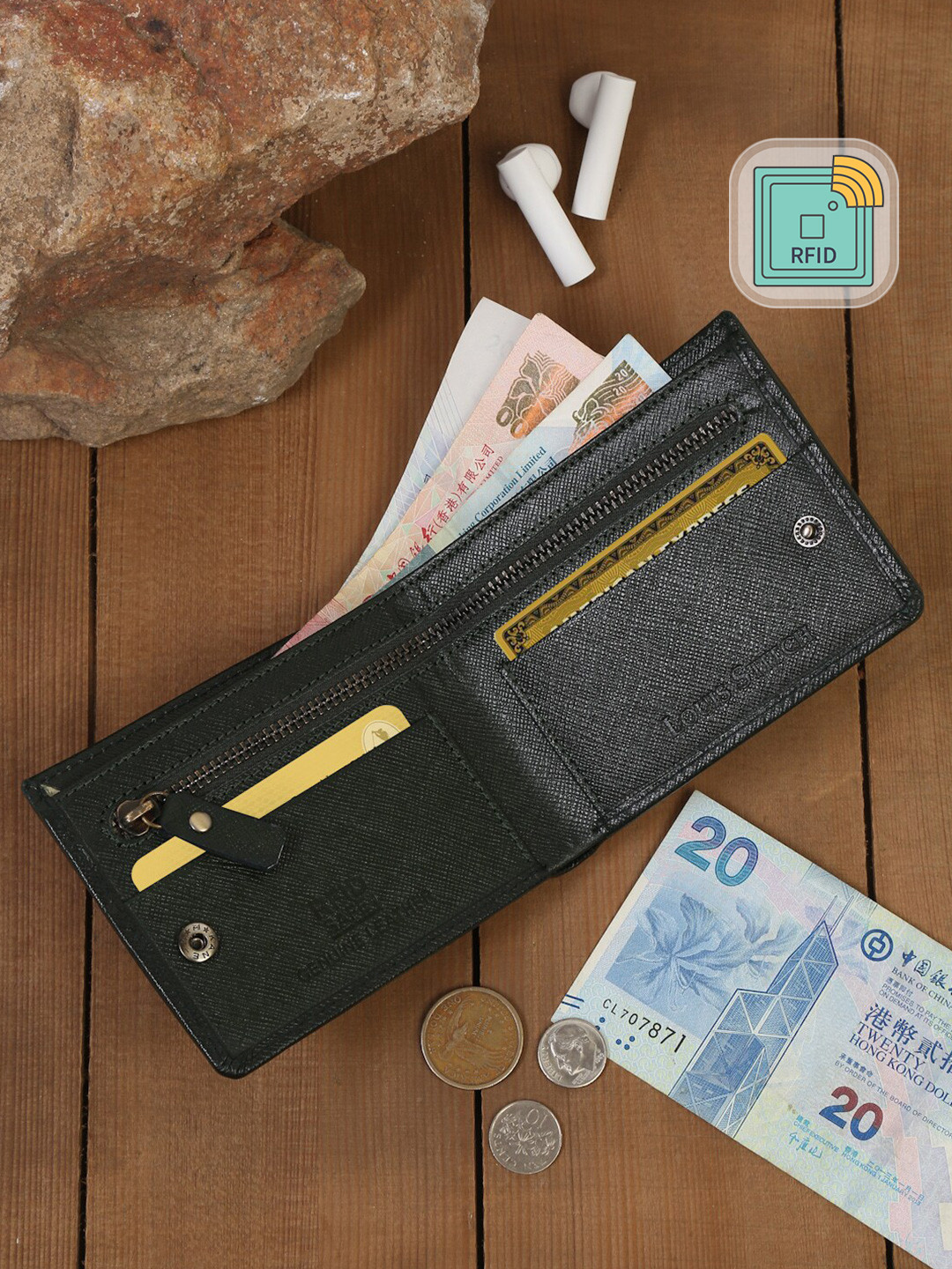 LOUIS STITCH Men Green Saffiano Leather Bifold Wallet with Zip Pocket and RFID Blocking