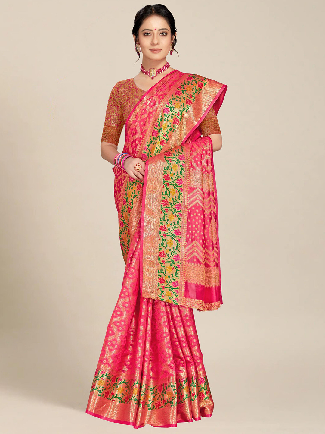 MS RETAIL Pink & Green Woven Design Organza Banarasi Saree