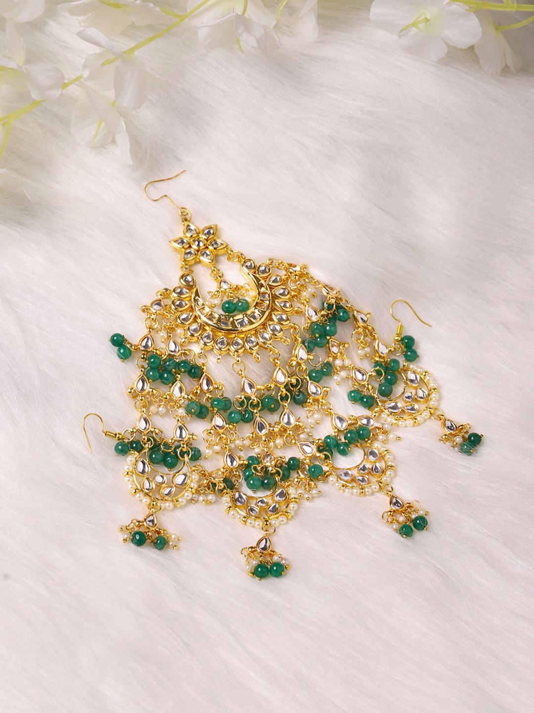 Ruby Raang Gold-Plated White & Green Kundan-Studded & Beaded Jhoomar Passa