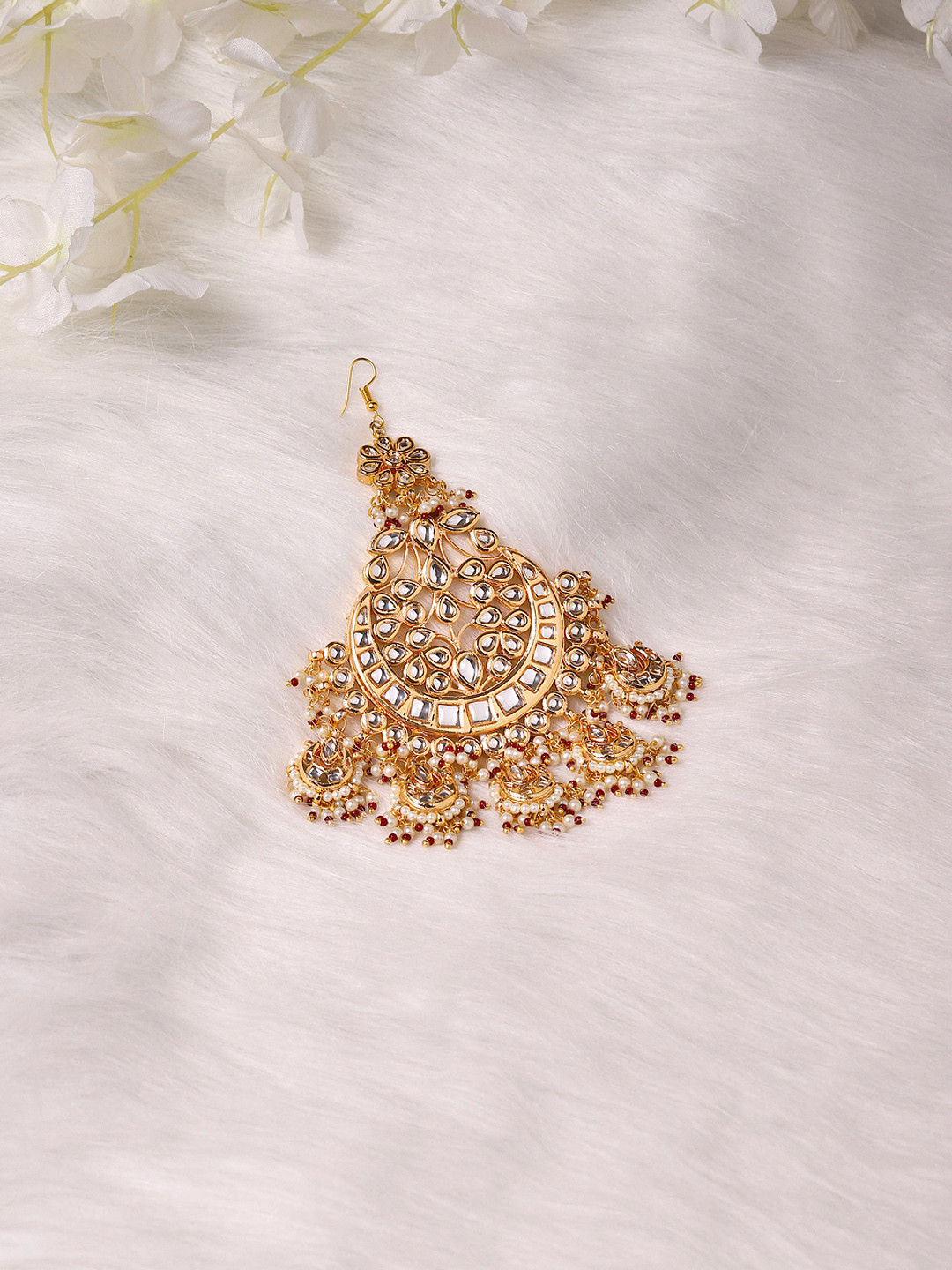 Ruby Raang Women Gold-Plated White & Red Kundan-Studded & Beaded Jhumar Passa