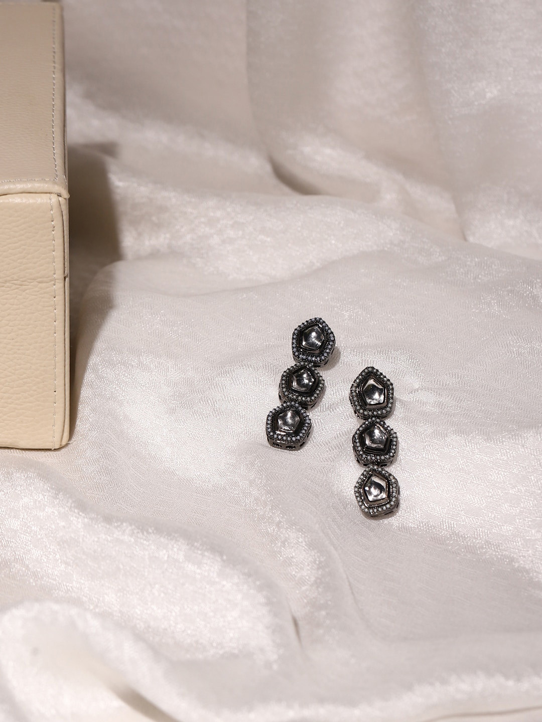 Ruby Raang Black Geometric Kundan Drop Earrings