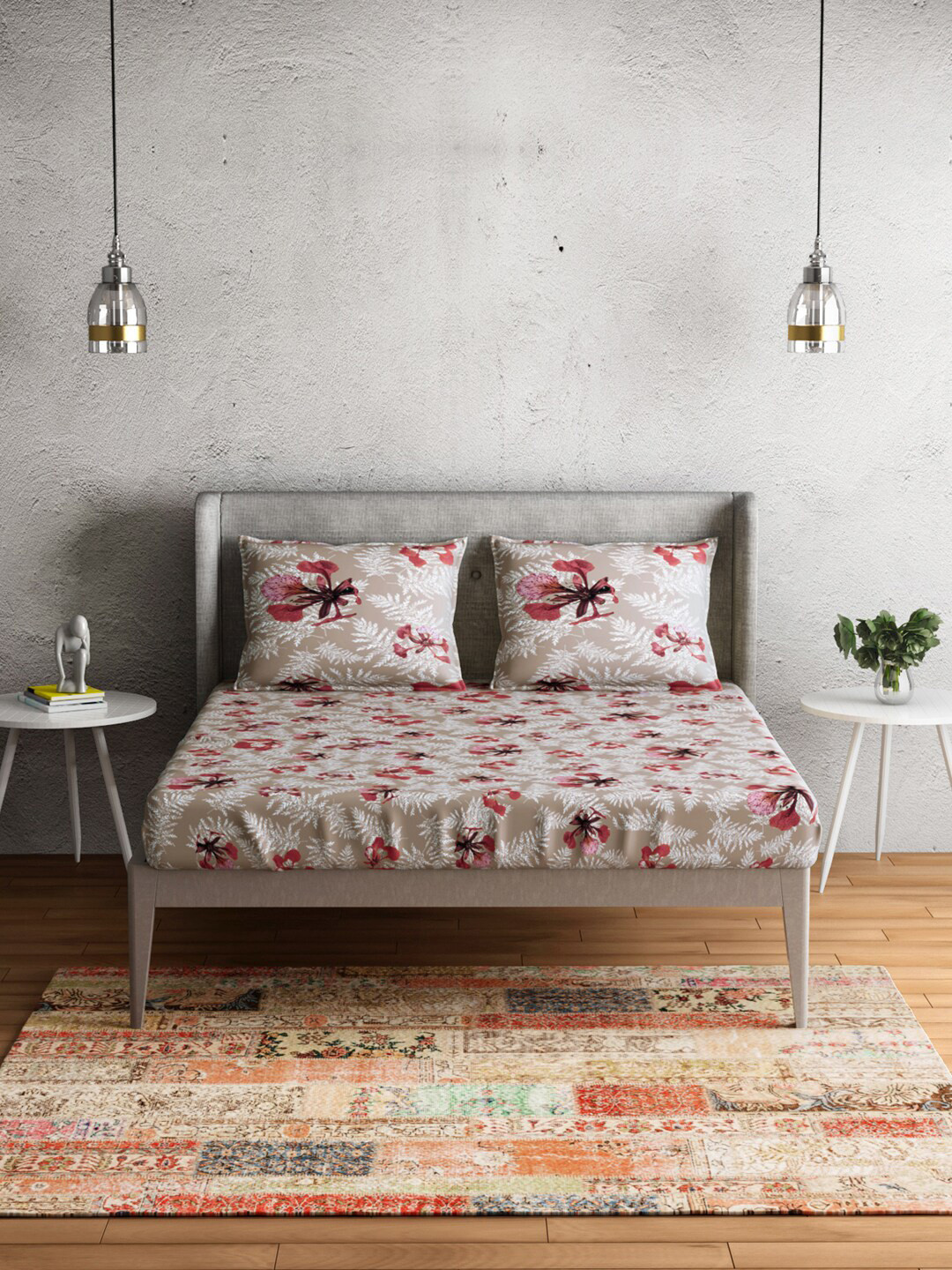 PETAL HOME Poincina Beige Floral Pure Cotton Skin-Friendly 300 TC Queen Superfine Bedsheet with 2 Pillow Covers-229 x 274 cm