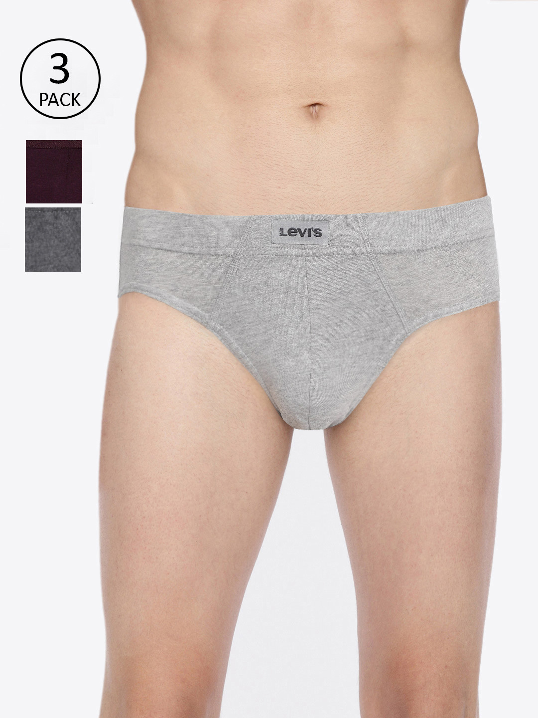 Levis Men Pack Of 3 Grey & Burgundy Solid Briefs