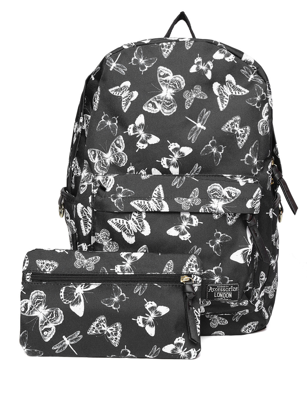 accessorize women black white butterfly print backpack with pouch