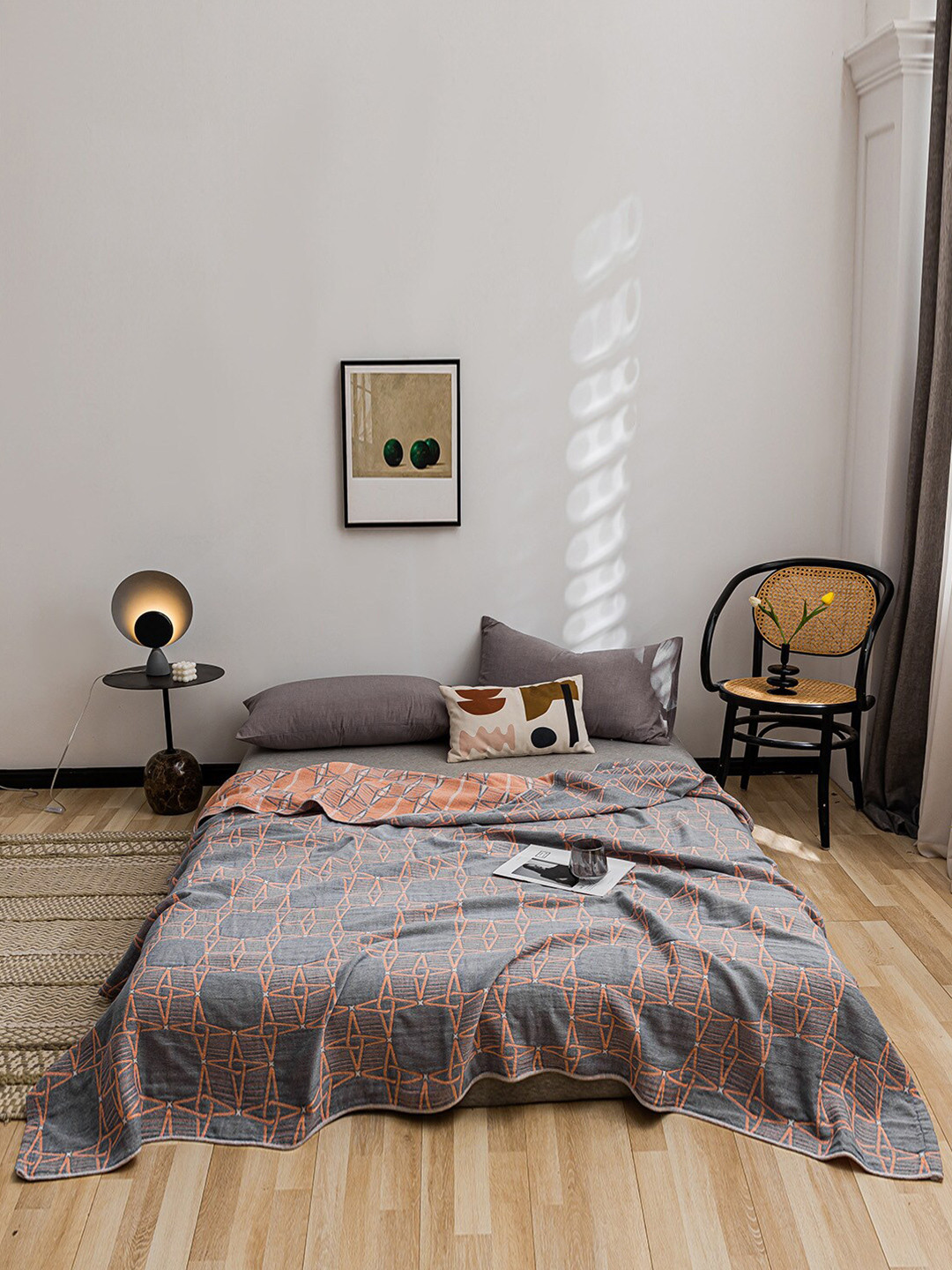 JC HOME Grey  Orange Geometric Summer 800 GSM Double Bed Blanket