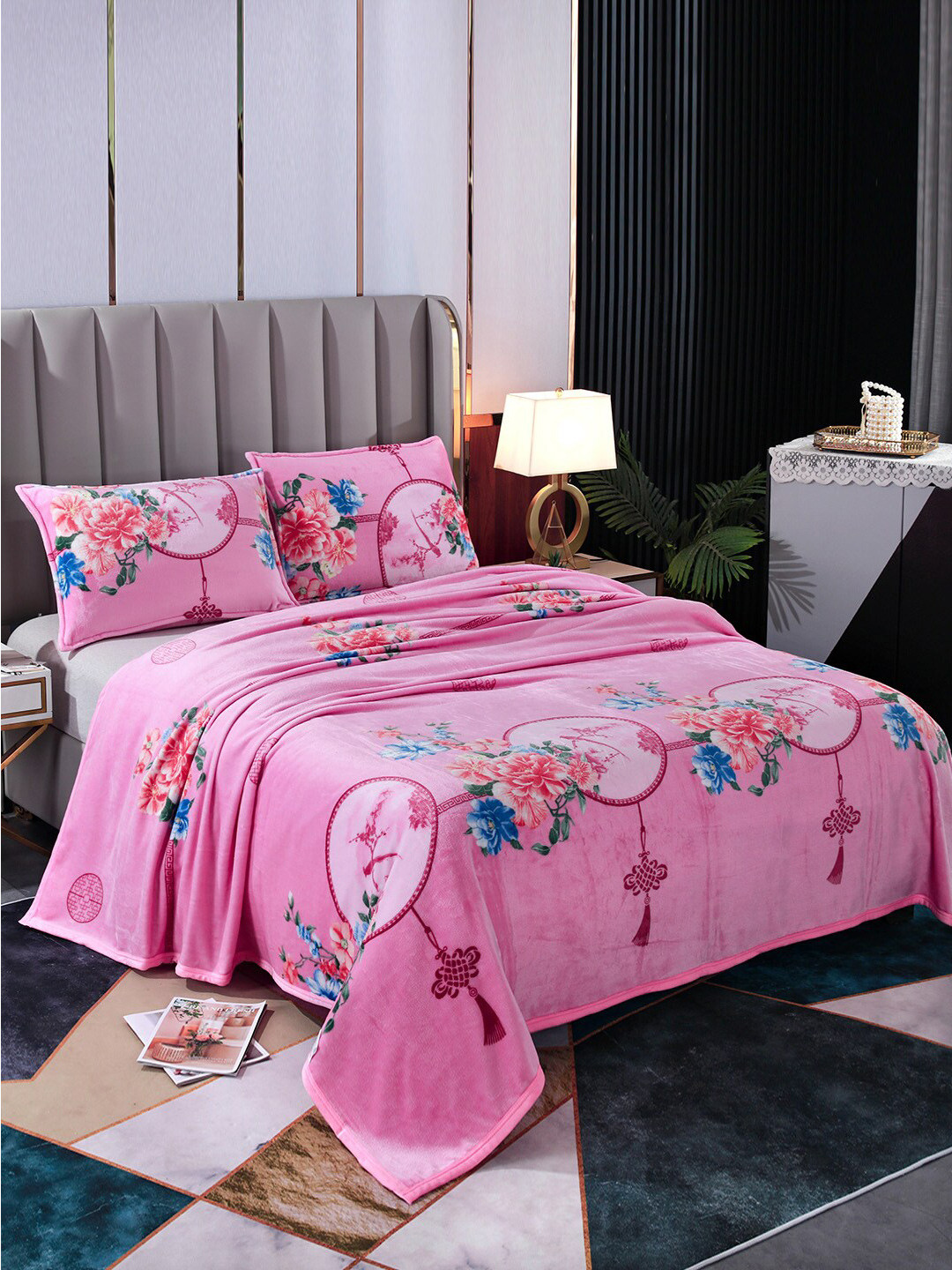 JC HOME Pink & Blue Floral Summer 300 GSM Single Bed Blanket