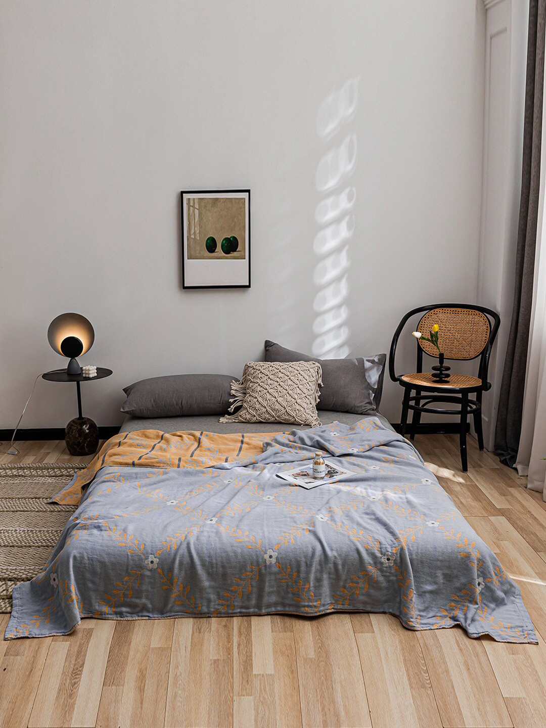 JC HOME Mustard  Grey Floral Pure Cotton Summer Double Bed Blanket