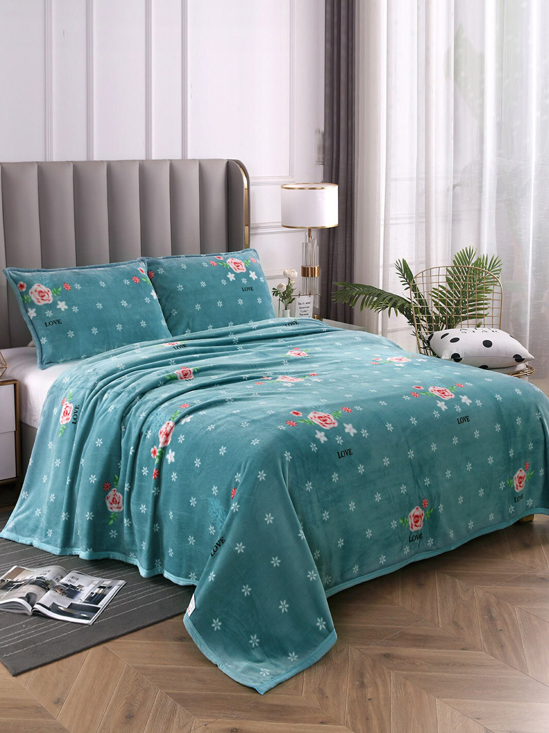 JC HOME Green & Pink Floral Summer 300 GSM Double Bed Blanket