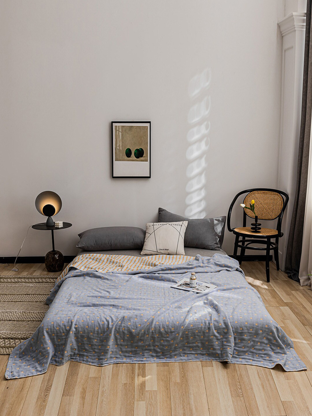 JC HOME Blue & Mustard Yellow Geometric Pure Cotton Summer Double Bed Blanket