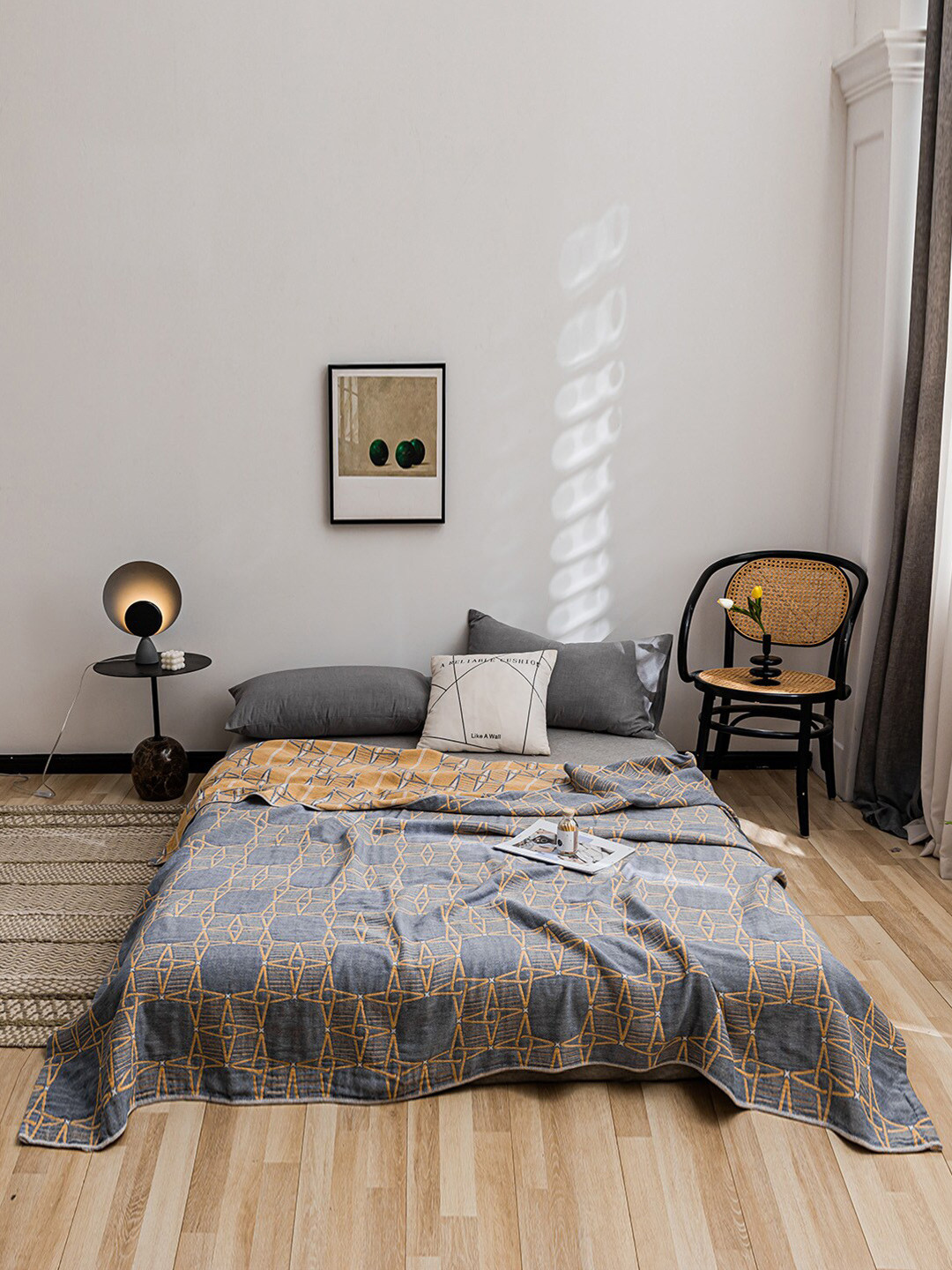 JC HOME Grey & Mustard Yellow Pure Cotton Summer Double Bed Blanket