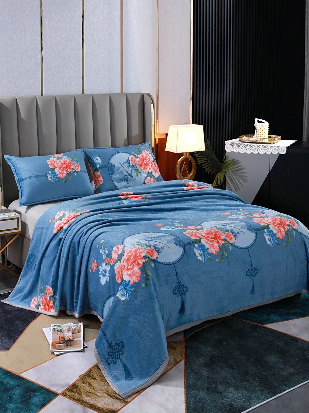 JC HOME Blue & Red Floral Summer 300 GSM Single Bed Blanket