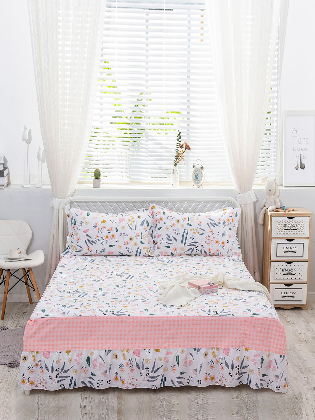 JC HOME Pink Printed Double Queen Bed Cover With 2 Pillow Covers
