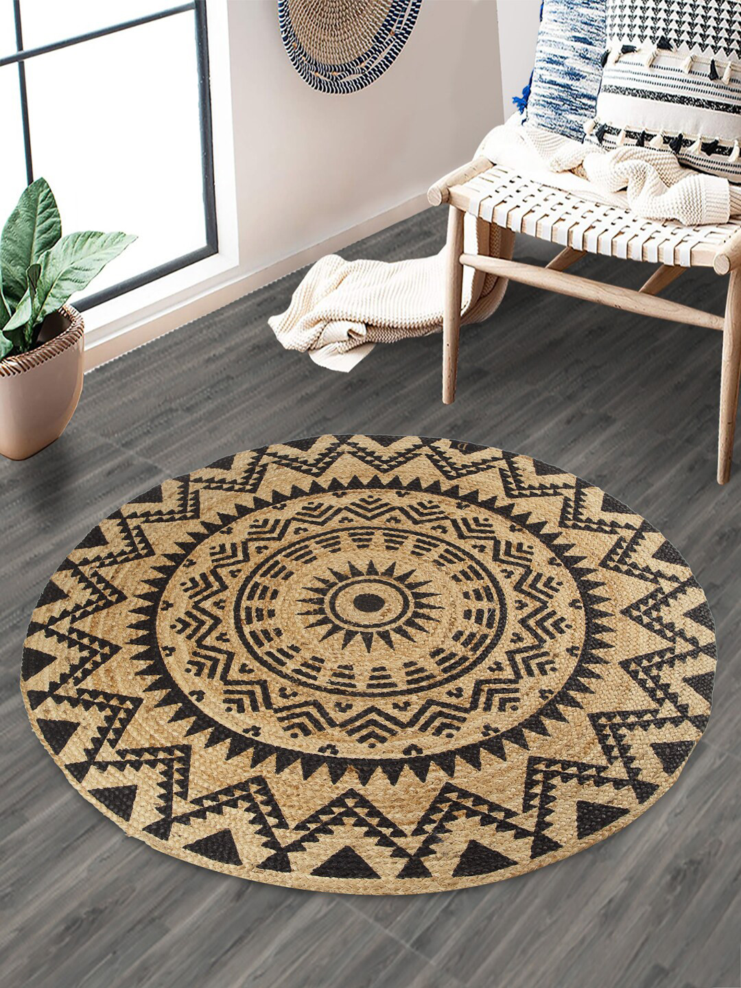 Soumya Unisex Beige & Black Printed Natural Jute Floor Mat